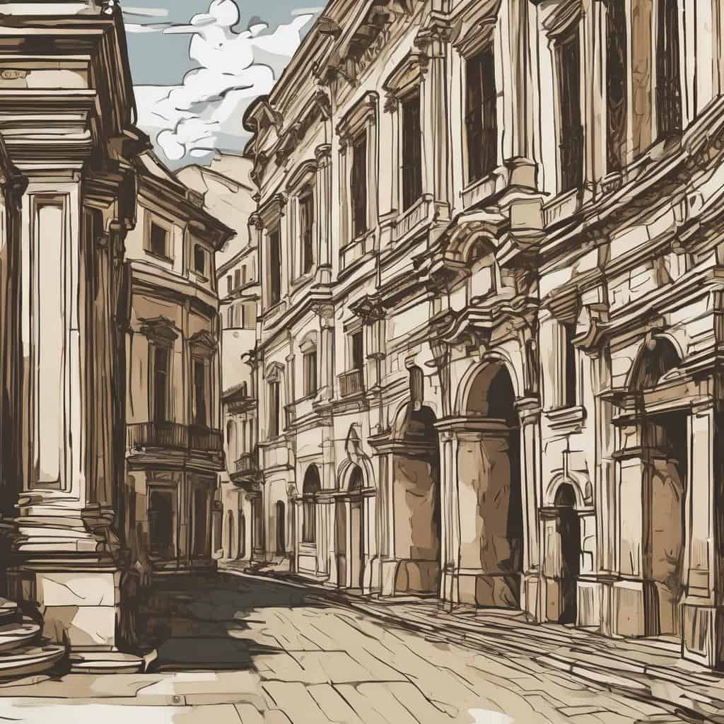 Φωτογραφία μιας αρχαίας πολυκατοικίας σε χρωματιστή ζωγραφιά με γοητευτικές αρχιτεκτονικές λεπτομέρειες.